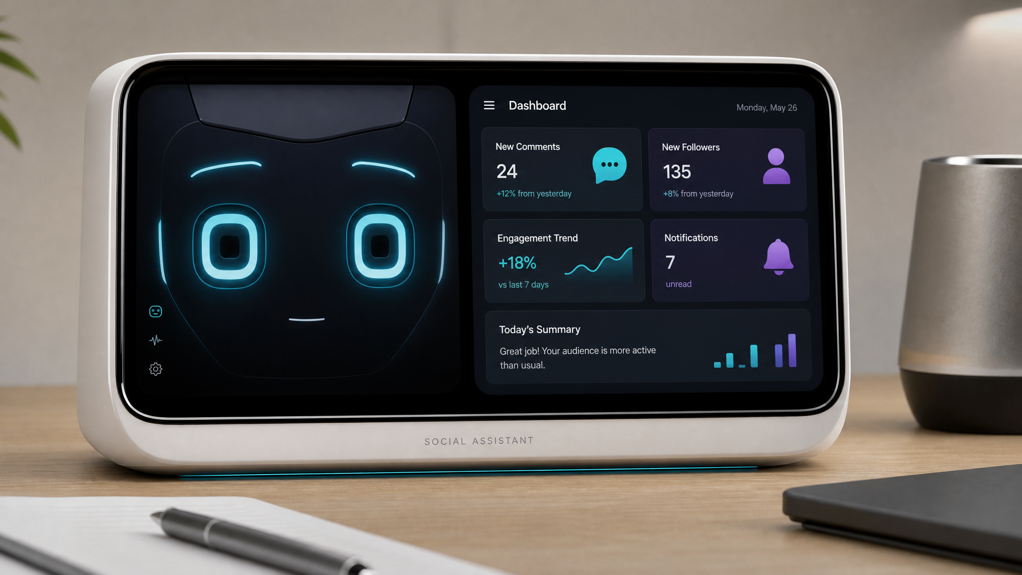 SOMDA device on a desk, displaying its calm expressive eyes and social dashboard